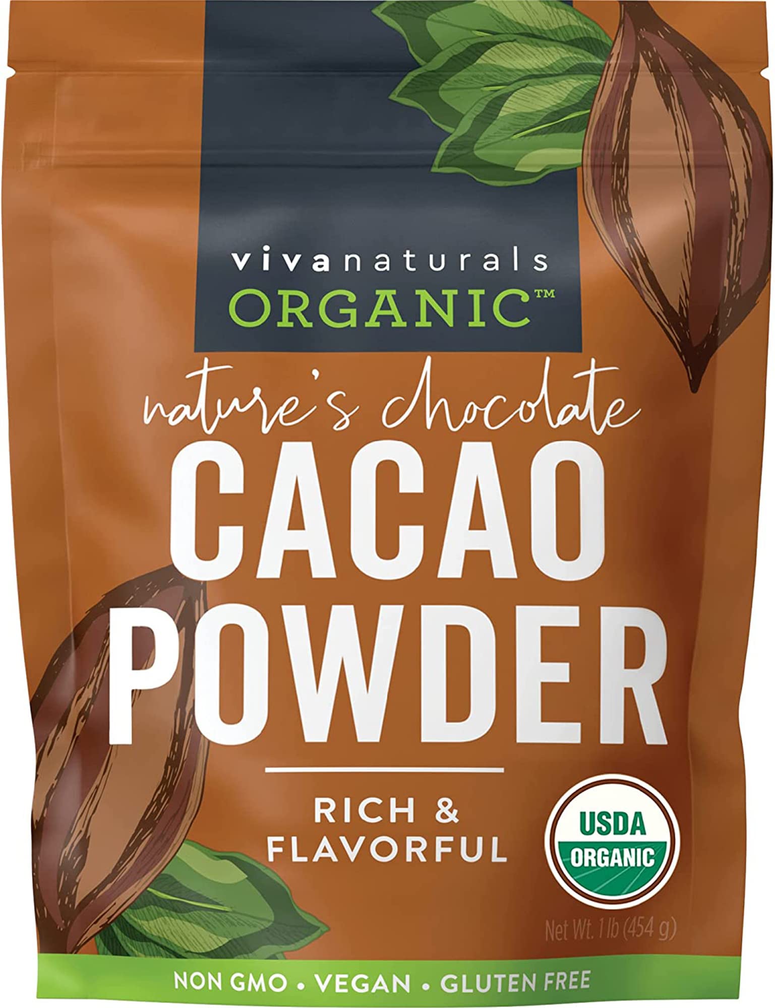 Book Cover Organic Cacao Powder, 1lb - Unsweetened Cacao Powder With Rich Dark Chocolate Flavor, Perfect for Baking & Smoothies, Non-GMO, Certified Vegan & Gluten-Free, 454 g 1 Pound (Pack of 1)