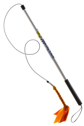 Squishy Face Studio Flirt Pole V2 with Orange/Yellow Fleece Lure - 36 inch Pole, 52 inch Cord - Durable Dog Toy for Fun Obedience Training & Exercise