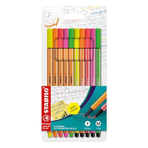 STABILO - Pochette de 5 stylos-feutres point 88 + 5 feutres Pen 68 - Couleurs fluo