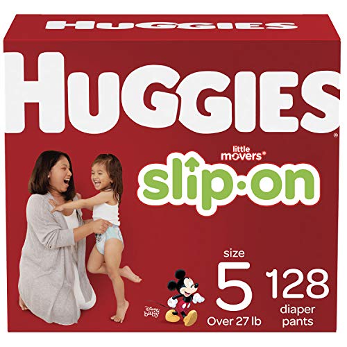 Book Cover HUGGIES Little Movers Slip On Diaper Pants, Size 5, 128 Count, ECONOMY PLUS (Packaging May Vary)
