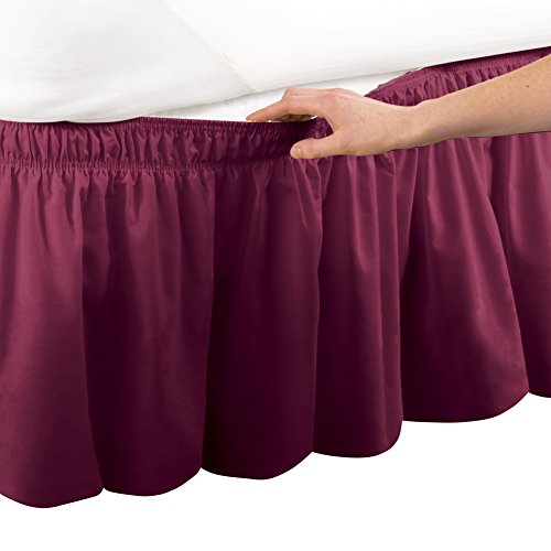 Book Cover Collections Etc Wrap Around Bed Skirt, Easy Fit Elastic Dust Ruffle, Burgundy, Queen/King