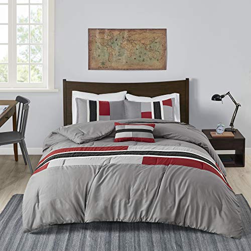 Mi Zone Cozy Comforter Set Geometric Stripes Vibrant Color Design All Season Bedding Matching Shams, Decorative Pillow, Twin/Twin XL, Red/Grey