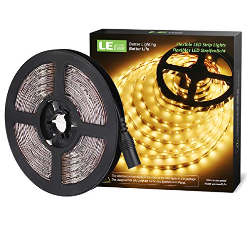 LE 12V LED Strip Light, Flexible, SMD 2835, 16.4ft Tape Light for Home, Kitchen, Party, Christmas and More, Non-Waterproof, Warm White