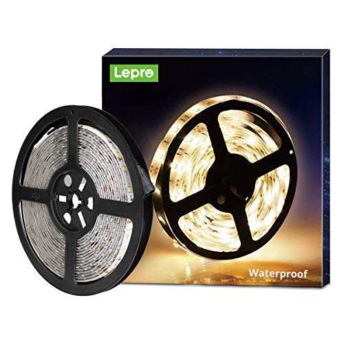 LE Waterproof 5M LED Strip Lights, Warm White 3000K, IP65 1200lm Bright Indoor and Outdoor Lighting, 12V LED Ribbon for Bedroom, Kitchen, Camper Van and More (12V Power Supply Required)