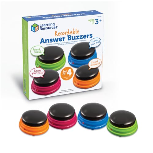 Learning Resources Recordable Answer Buzzers - Set of 4, Ages 3+ | Pre-K Personalized Sound Buzzers, Recordable Buttons, Game Show Buzzers, Perfect for Family Game and Trivia Nights,Back to School