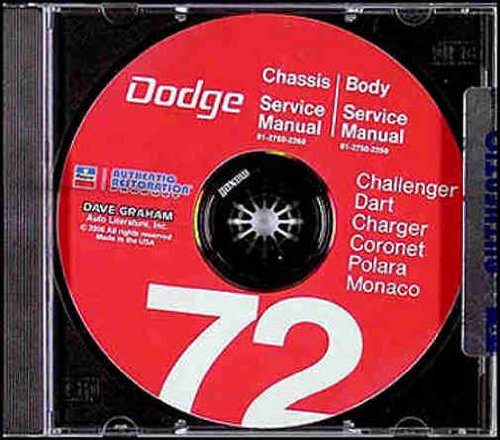 1972 DODGE FACTORY REPAIR SHOP & SERVICE MANUAL & BODY MANUAL CD INCLUDING: Charger, SE, Coronet, Crestwood, Challenger, Rallye, Swinger, Demon, Dart, 340, Monaco, Polara, Custom, Special, convertibles, and wagons. 72