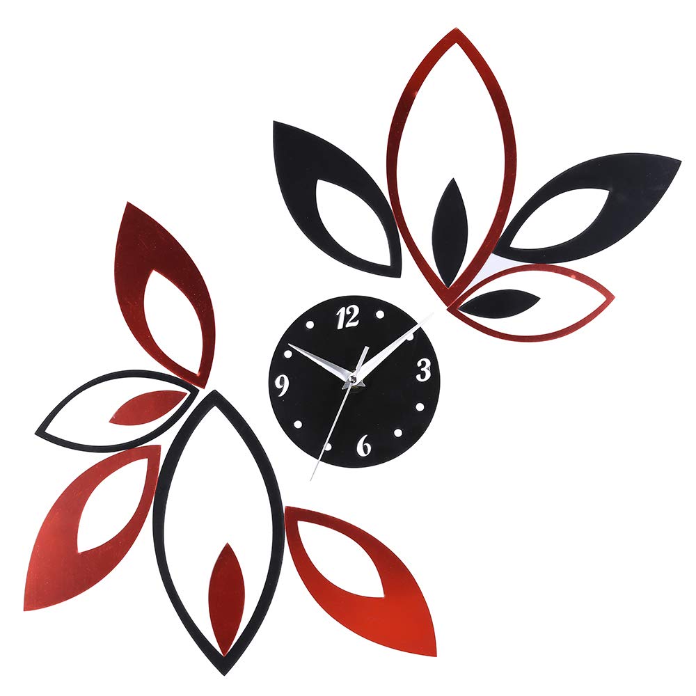 Book Cover Toprate Mirror Wall Clock, Red and Black Rhombus Leaves Sticker Decoration