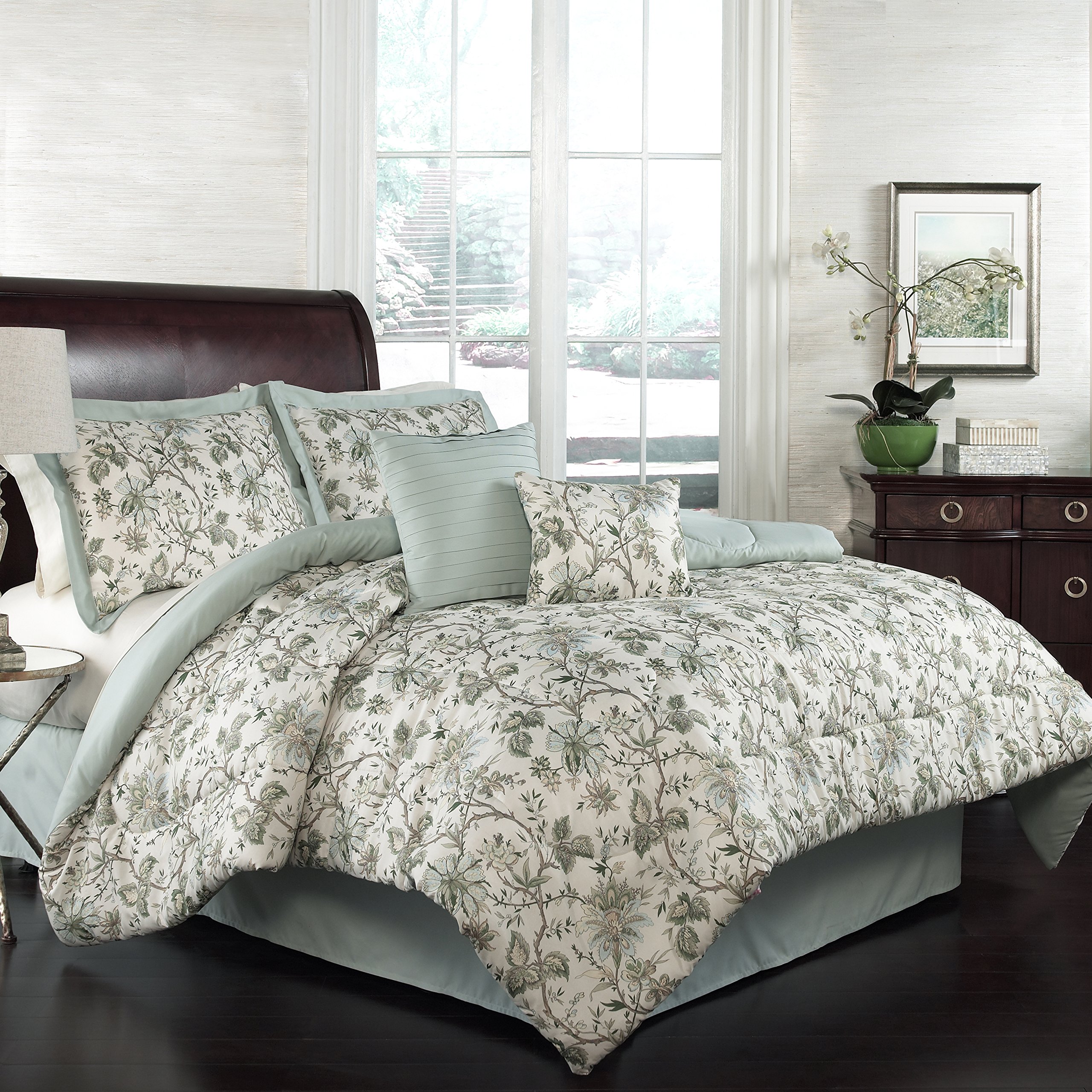 Book Cover Waverly Felicite Modern Farmhouse Floral 6-Piece Comforter Set, King, Mineral Full/Queen