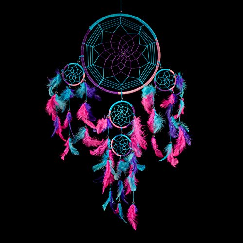 Caught Dreams Dream Catcher ~ Handmade Traditional Aqua Blue, Pink & Purple 8.5" Diameter & 24" Long!