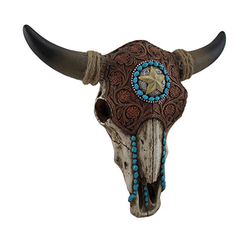 Book Cover LL Home Distressed Tooled Leather Star & Turquoise Accent Southwestern Country Bull Cow Skull Hanging Wall Décor, One Size, White/Brown/Turquoise/Gold/Black