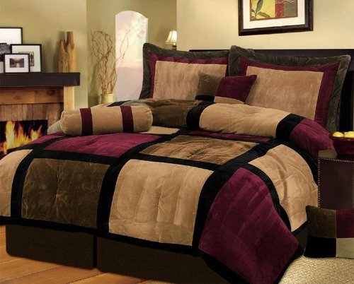 Book Cover Grand Linen 7 Piece Burgundy Brown Black Bed in a Bag Micro Suede Queen Comforter Set with Accent Pillows