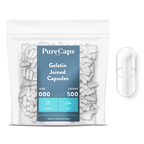 500 Empty Gelatin Capsules Size 000 (Kosher/Halal) Gel Caps By PurecapsUSA