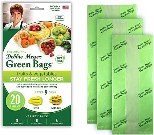 Book Cover Debbie Meyer GreenBags 20-Pack (8M, 8L, 4XL) â€“ Keeps Fruits, Vegetables, and Cut Flowers, Fresh Longer, Reusable, BPA Free, Made in USA