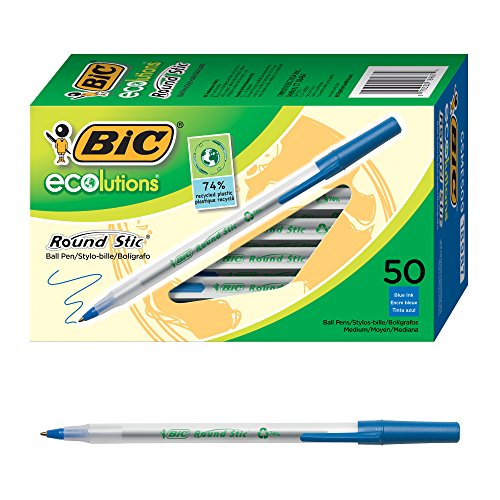 Book Cover BIC Ecolutions Round Stic Ballpoint Pen, Medium Point (1.0mm), Blue, 50-Count