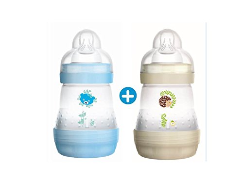 MAM Biberon Anti-Colique, 160 ml, 0+ Mois, Tétine Débit 1, Lot de 2, Couleurs aléatoires