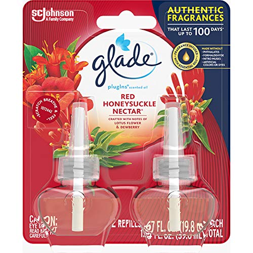 Book Cover Glade PlugIns Refills Air Freshener, Scented and Essential Oils for Home and Bathroom, Red Honeysuckle Nectar, 1.34 Fl Oz, 2 Count