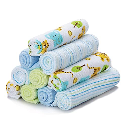 Spasilk Washcloth Wipes Set for Newborn Boys and Girls, Soft Terry Washcloth Set, Pack of 10, Blue Tiger