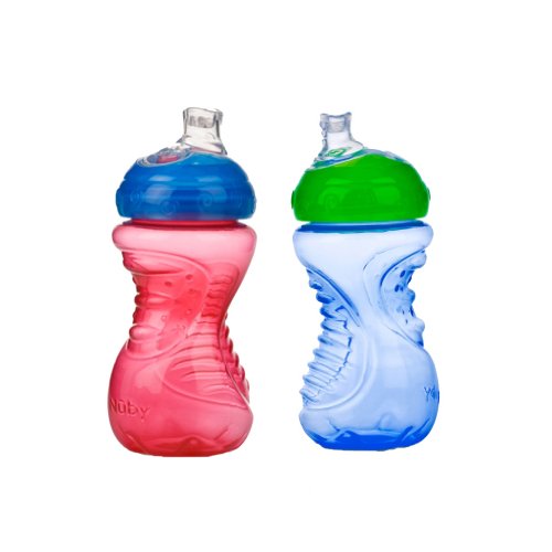Book Cover Nuby 2-Pack No-Spill Super Spout Easy Grip Cup, 10 Ounce, 6 Months +, Red and Blue