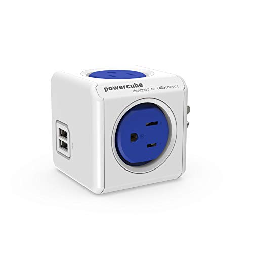 USB Wall Plug, Allocacoc PowerCube Original 4 Outlets 2 USB Ports Phone Charger Power Adapter Surge Protector Compact for Travel, Home Office Dorm Space Saving, 125V 15A 1875Watt ETL Certified Blue