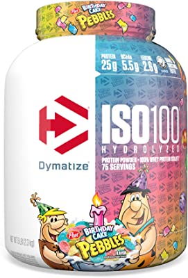 Book Cover Dymatize ISO100 Hydrolyzed Protein Powder, 100% Whey Isolate Protein, 25g of Protein, 5.5g BCAAs, Gluten Free, Fast Absorbing, Easy Digesting, Birthday Cake, 5 Pound