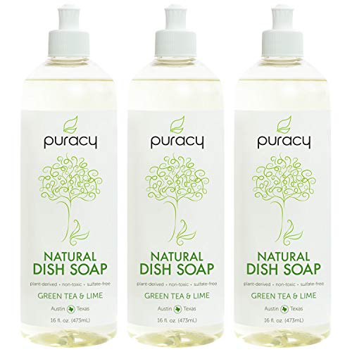 Puracy Natural Dish Soap, Green Tea & Lime, Sulfate-Free Liquid Detergent, 16 Ounce (3-Pack)