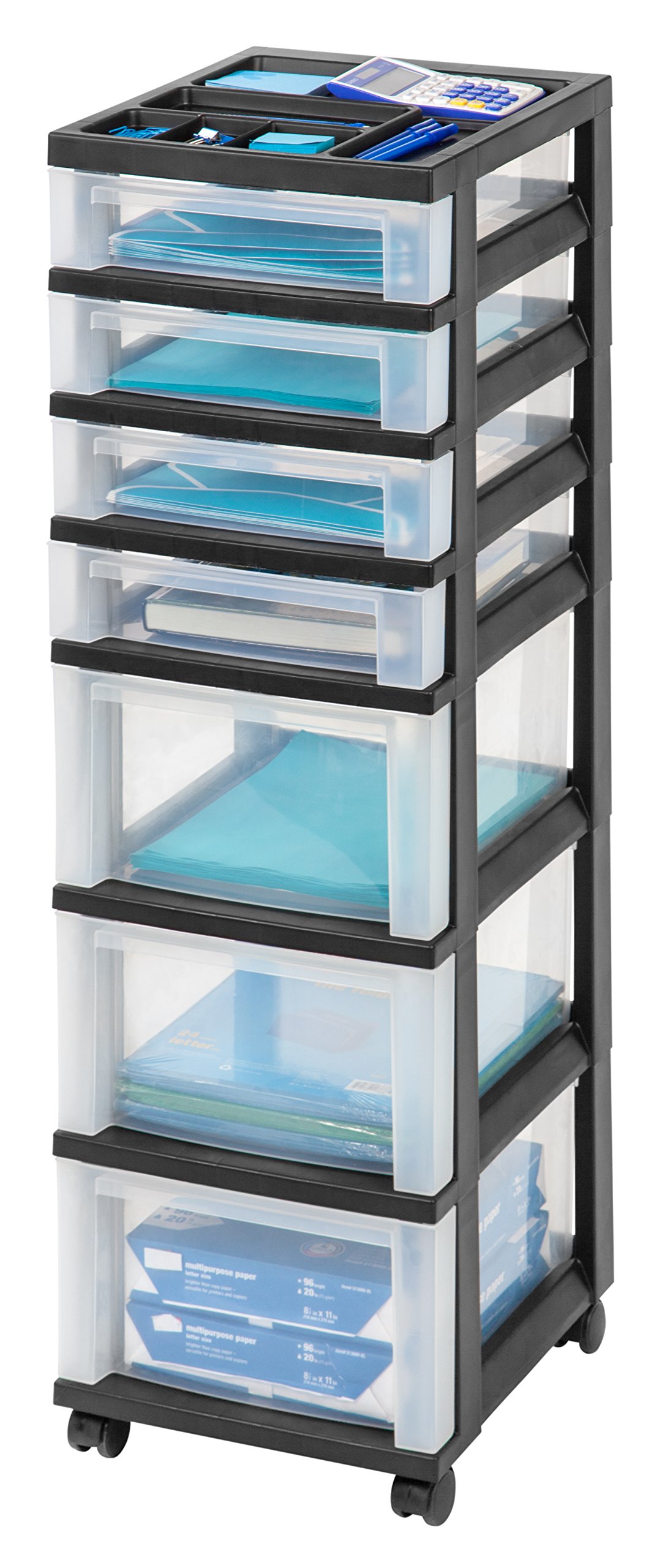 Book Cover IRIS USA MC-343-TOP Plastic Storage Drawer, Rolling Cart with Organizer Top, 7 BLK CLR, Black
