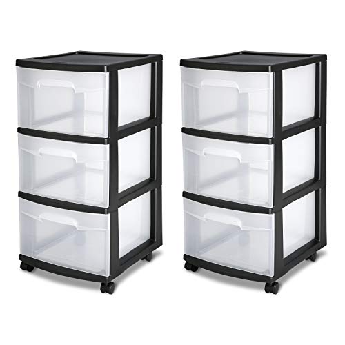 Book Cover Sterilite 28309002 3 Drawer Cart, Black Frame with Clear Drawers and Black Casters, 2-Pack