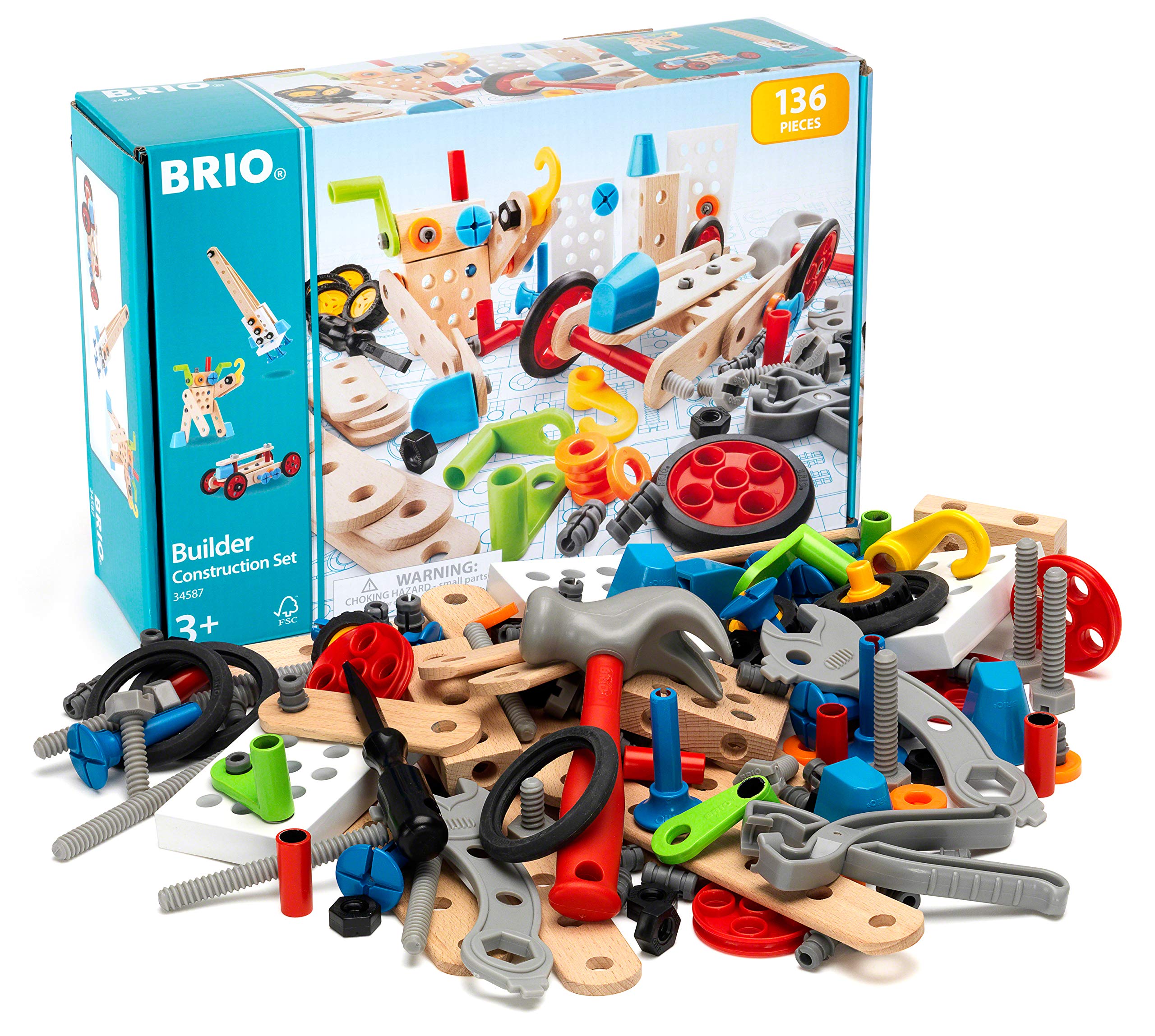 Book Cover Brio Builder 34587 - Builder Construction Set - 136-Piece Construction Set STEM Toy with Wood and Plastic Pieces for Kids Age 3 and Up