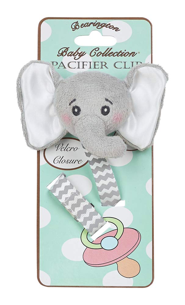 Book Cover Bearington Baby Lil’ Spout Plush Gray Elephant Pacifier Holder with Satin Leash and Clip Spout Elephant 1 Count (Pack of 1)