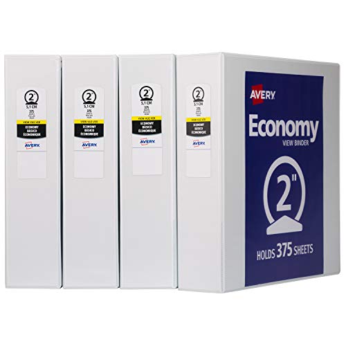 Avery 2" Economy View 3 Ring Binder, Round Ring, Holds 8.5" x 11" Paper, 4 White Binders (19202)