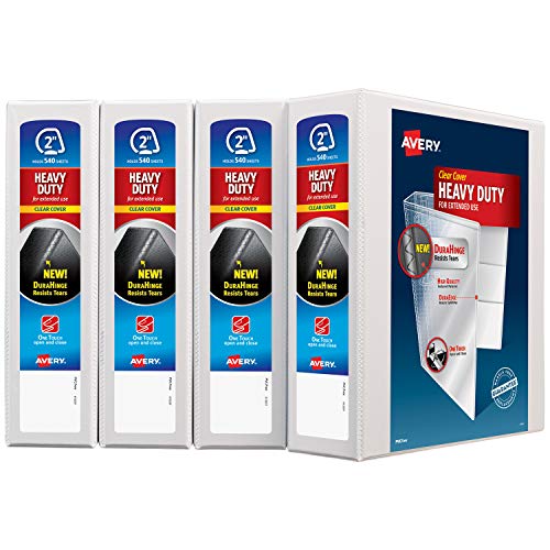 Avery 2" Heavy Duty View 3 Ring Binder, One Touch EZD Ring, Holds 8.5" x 11" Paper, 4 White Binders (79192)