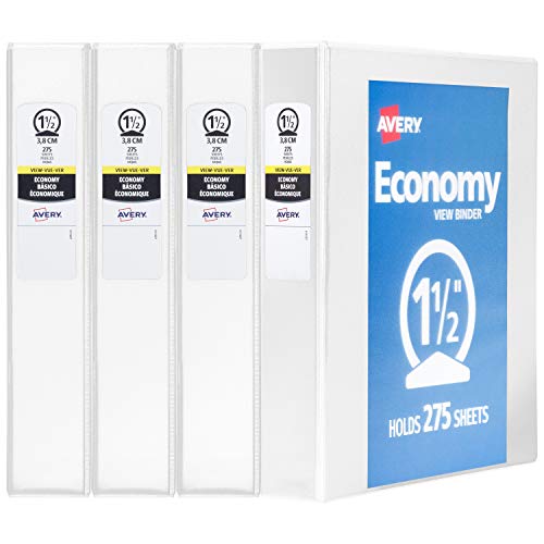 Avery Economy View Binder, 1-1/2" Round Rings, 275-Sheet Capacity, White, Multi Pack of 4 (19201)