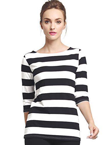Camii Mia 3/4 Sleeve Shirts for Women, Striped Tee Shirts Cotton Stretchy Lightweight Slim Fit