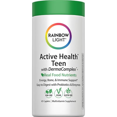 Rainbow Light Teen Multivitamin | 45 Caplets | for Boys and Girls | with DermaComplex, Real Food Nutrients & Iron | Probiotics & Enzymes | Energy, Bone & Immune Support