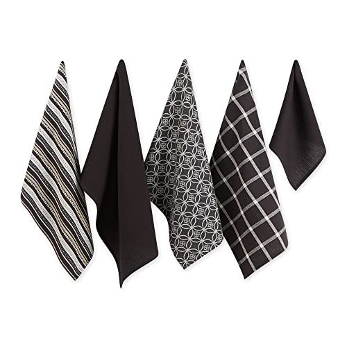 DII Kitchen Dishtowels & Dishcloth Set, Cotton, Black, 18x28 Towels & 13x13 Dishcloth