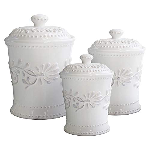 Book Cover American Atelier Bianca Leaf Canister Set 3-Piece Ceramic Jars in 20oz, 48oz and 80oz Chic Design With Lids for Cookies, Candy, Coffee, Flour, Sugar, Rice, Pasta, Cereal & More
