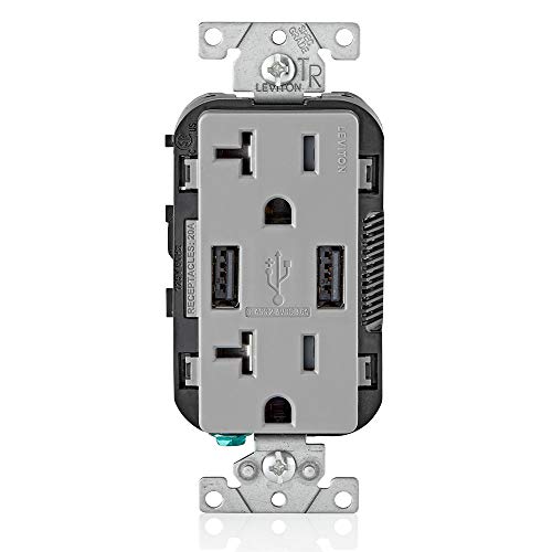 Leviton T5832-GY Type-A USB In-Wall Charger with 20A Tamper-Resistant Outlet, USB Charger for Smartphones, Gray