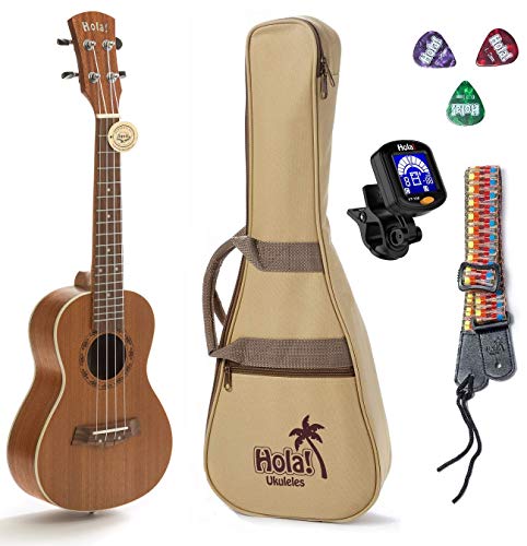 Book Cover Concert Ukulele Bundle, Deluxe Series by Hola! Music (Model HM-124MG+), Bundle Includes: 24 Inch Mahogany Ukulele with Aquila Nylgut Strings Installed, Padded Gig Bag, Strap and Picks
