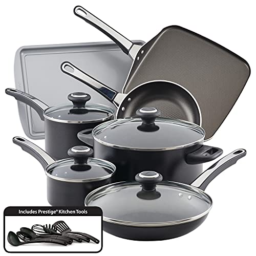 Book Cover Farberware High Performance Nonstick Cookware Pots and Pans Set Dishwasher Safe, 17 Piece, Black