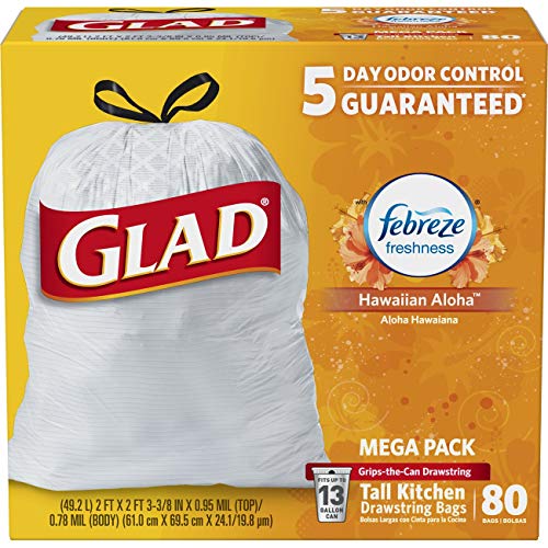 Glad Tall Kitchen Drawstring Trash Bags - OdorShield 13 Gallon White Trash Bag, Febreze Hawaiian Aloha - 80 Count