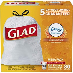Glad Tall Kitchen Drawstring Trash Bags - OdorShield 13 Gallon White Trash Bag, Febreze Hawaiian Aloha - 80 Count