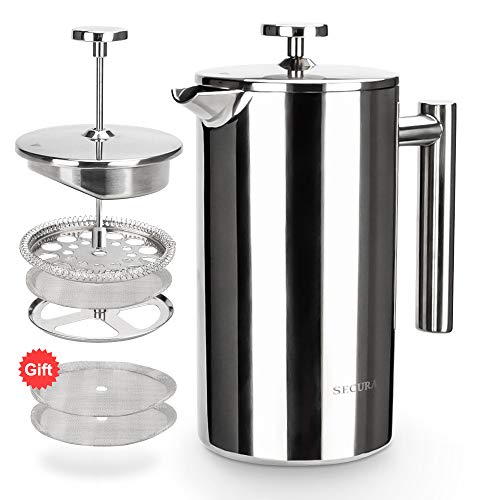 Book Cover Secura Stainless Steel French Press Coffee Maker 18/10 Bonus Stainless Steel Screen (1000ML)