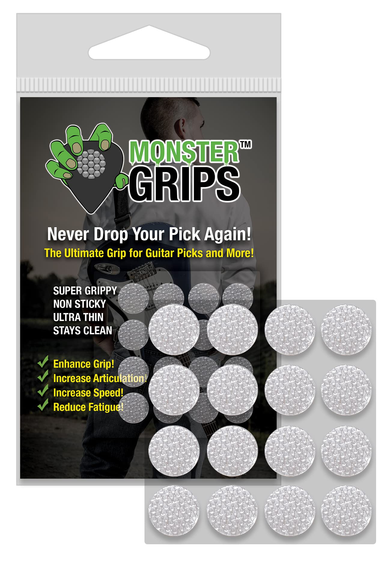 Book Cover Monster Grips Guitar Pick Grips 16pc - Soft Maximum Grip Durable Thin Silicone Rubber Grip for Picks not Sticky Stays Clean Play Faster with Comfort & Control