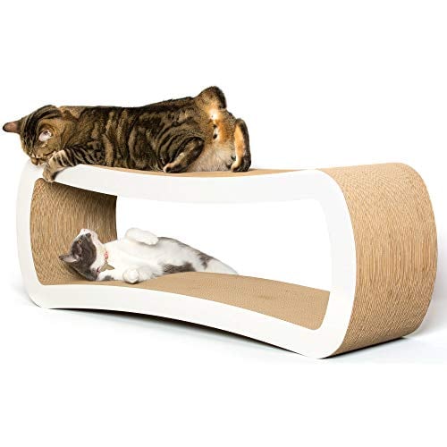 Book Cover PetFusion Jumbo Cat Scratcher Lounge, White. 39 x 11 x 14 inch (lwh) | 4 Cardboard Scratching Surfaces & 2 Levels, Scratch, Play, Perch, & Hide | 100% Recyclable Cardboard Cat Lounge. 1 Yr Warranty