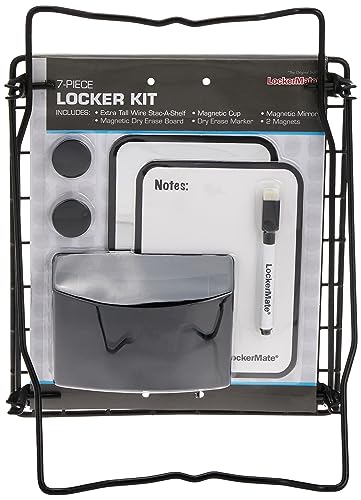 LockerMate 7-Piece Locker Organizer Kit, Includes Locker Shelf, Mirror, Whiteboard, Storage Cup & Dry Erase Marker - Black