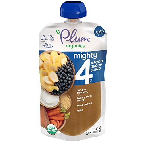 Book Cover Plum Organics Mighty 4, Organic Toddler Food, Banana, Blueberry, Sweet Potato, Carrot, Greek Yogurt and Millet, 4 Ounce (Pack of 12) (Packaging May Vary)