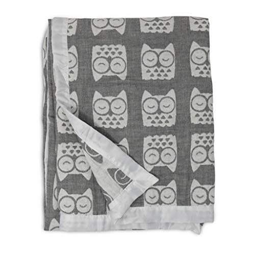 Living Textiles Muslin Jacquard Grey Owl Soft Baby Blanket PREMIUM QUALITY 100% Cotton for BEST COMFORT | Double Layer,Swaddle,Receiving,Infant,Toddler,Newborn,Nursery,Boy,Girl,Crib,Gift | 40x30 Inch