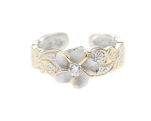 Hawaiian Sterling Silver With Yellow Gold Flashed Plumeria Toe Ring With Synthetic CZ Accent