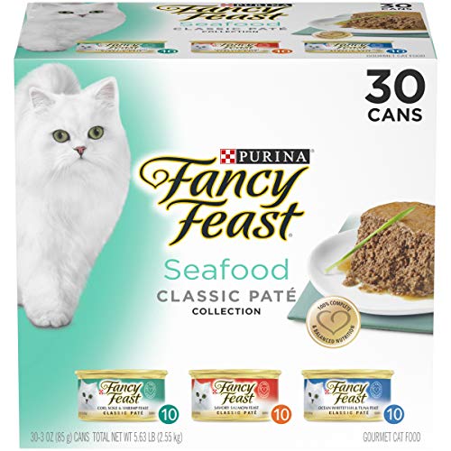 Book Cover Purina Fancy Feast Grain Free Pate Wet Cat Food Variety Pack, Seafood Classic Pate Collection - (30) 3 oz. Cans