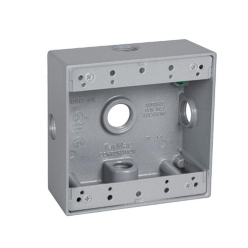 TayMac DB550XS 4-1/2-Inch X 4-1/2-Inch Gang 2-Inch Deep Weatherproof Box, 1/2-Inch Outlets, Side Lug, Gray